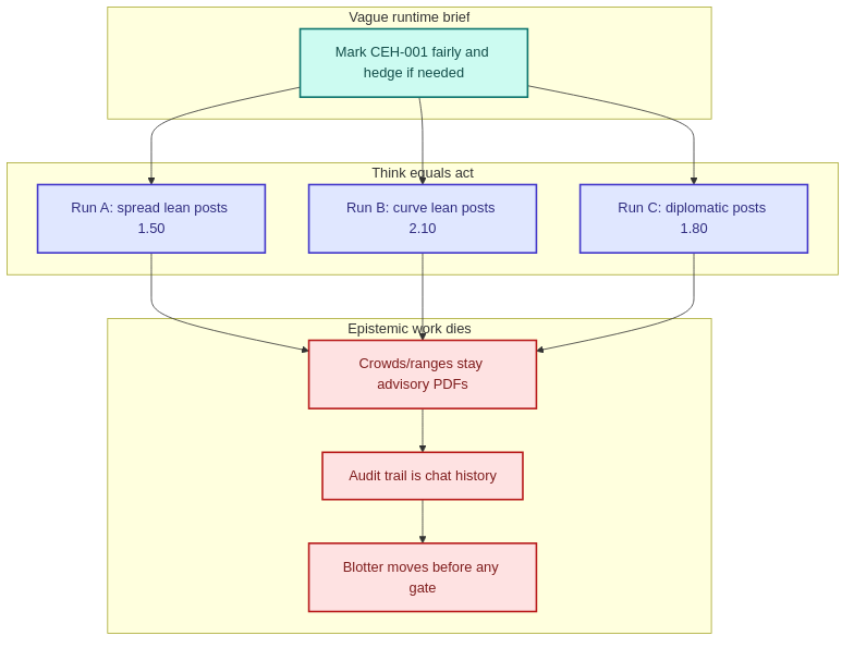 Vague runtime brief collapses think into act, epistemic work dies before the trade.