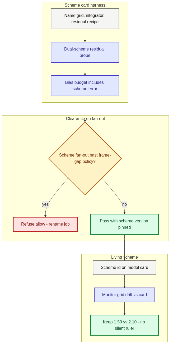 Scheme card pins grid and integrator; Clearance refuses scheme fan-out past policy.